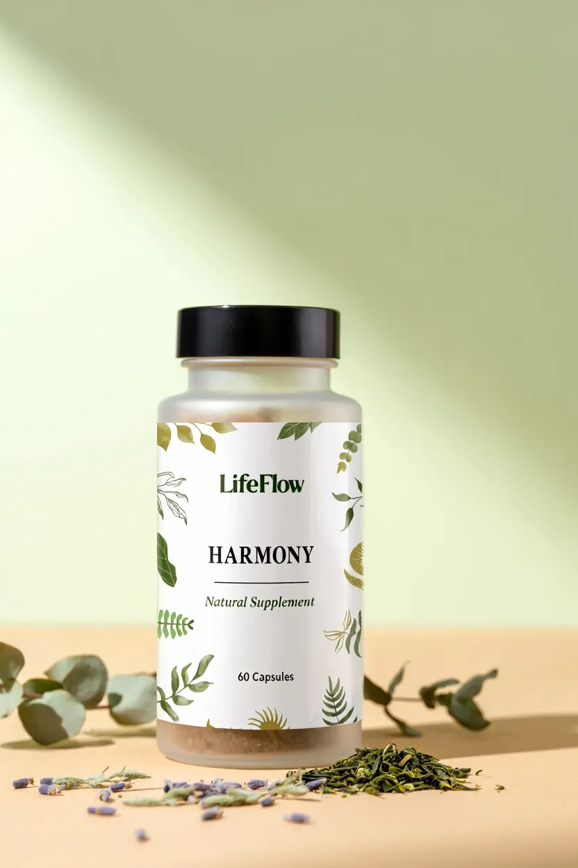 LifeFlow Harmony natural supplement bottle with green botanical design